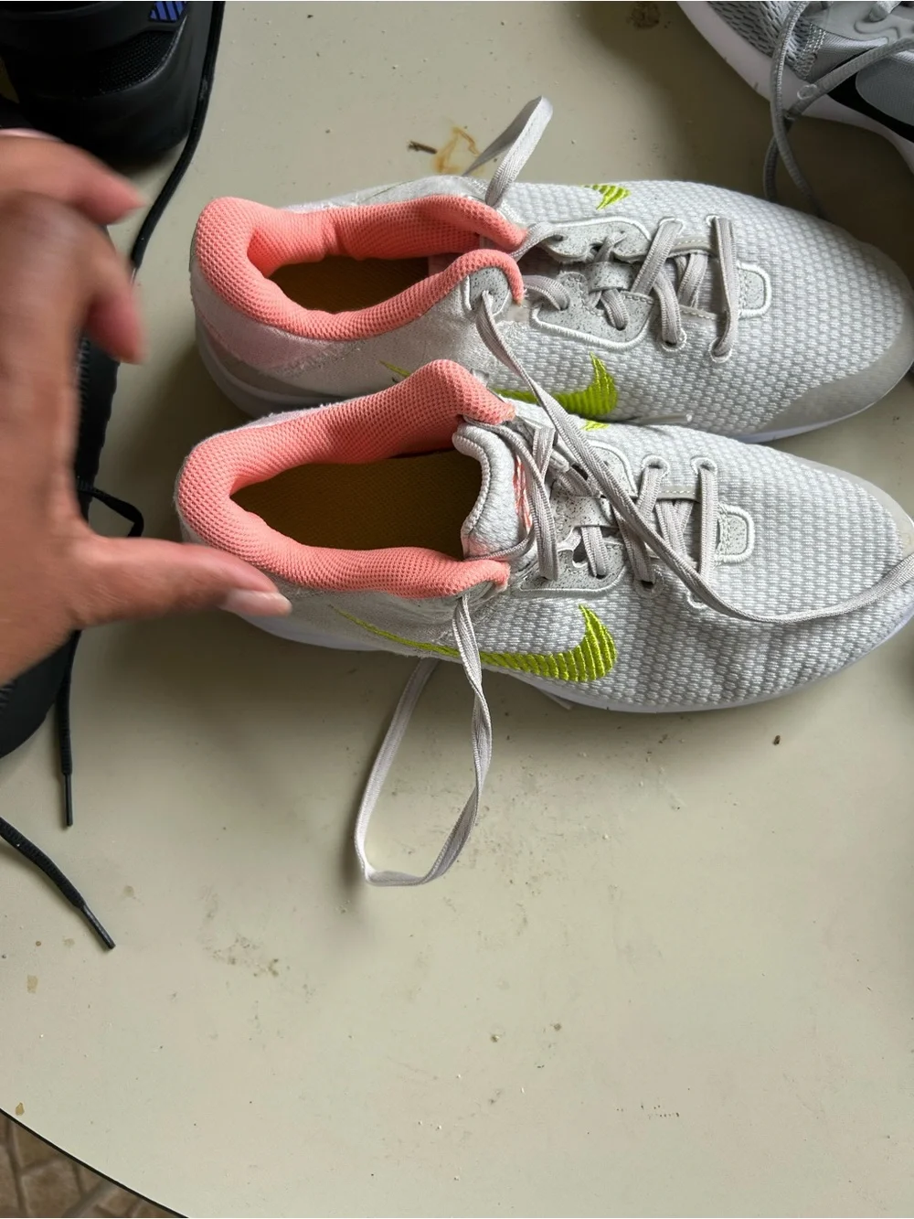 Nike Kids White Mesh Sneakers with Pink Collar and Neon Yellow Swoosh